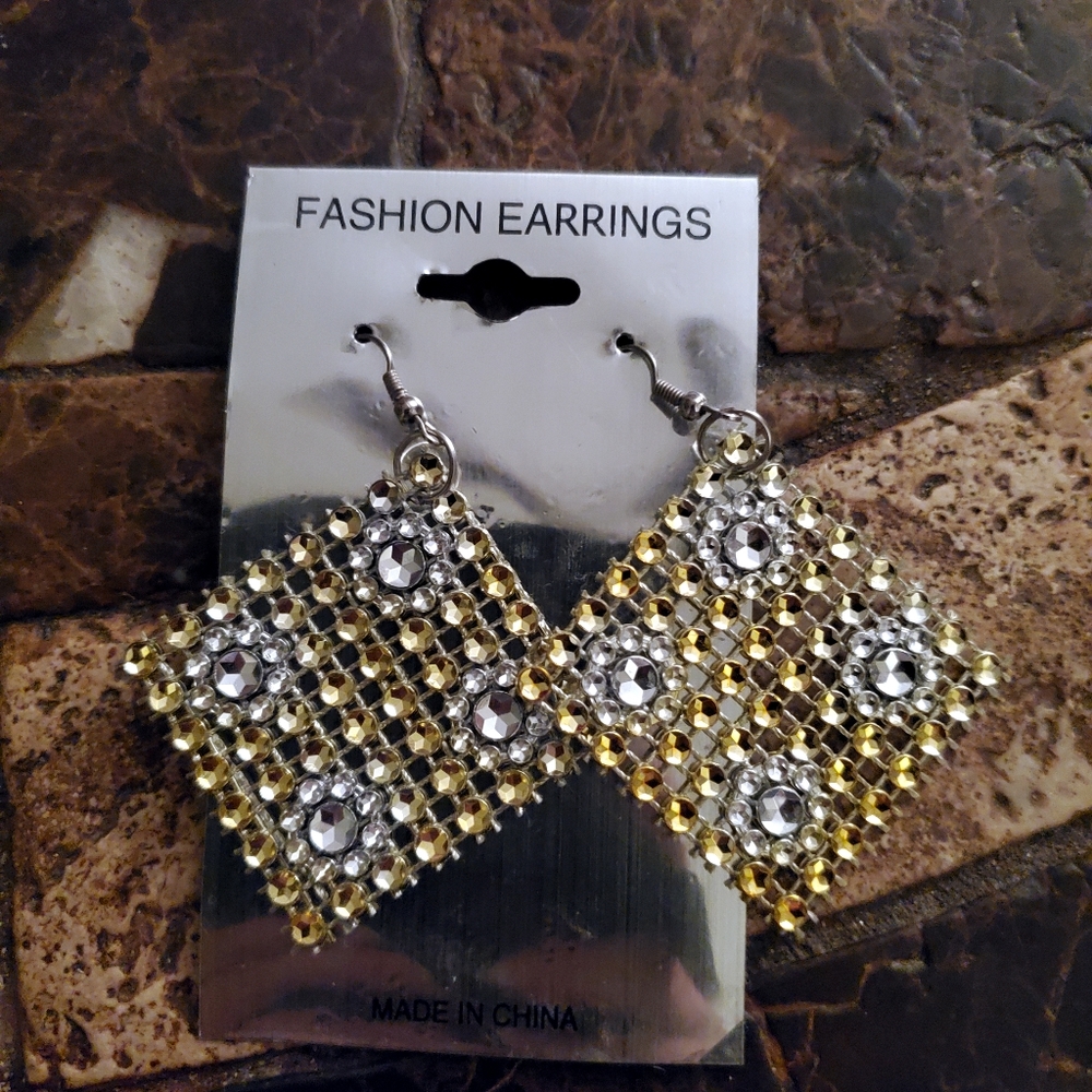 Silver & Gold triangular rhinestone earrings NWT